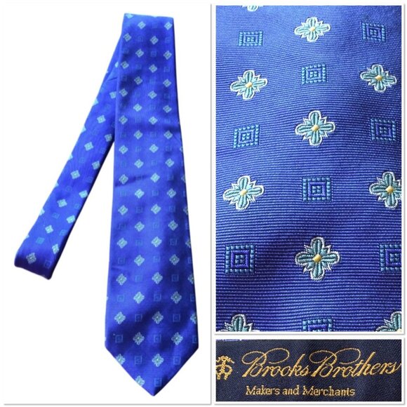 Brooks Brothers Mens Silk Blue Floral & Geometric Pattern Tie Preppy - Picture 1 of 8